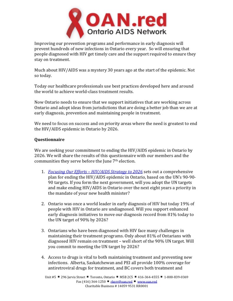 OANElectionQuestionnaire2 Ontario AIDS Network